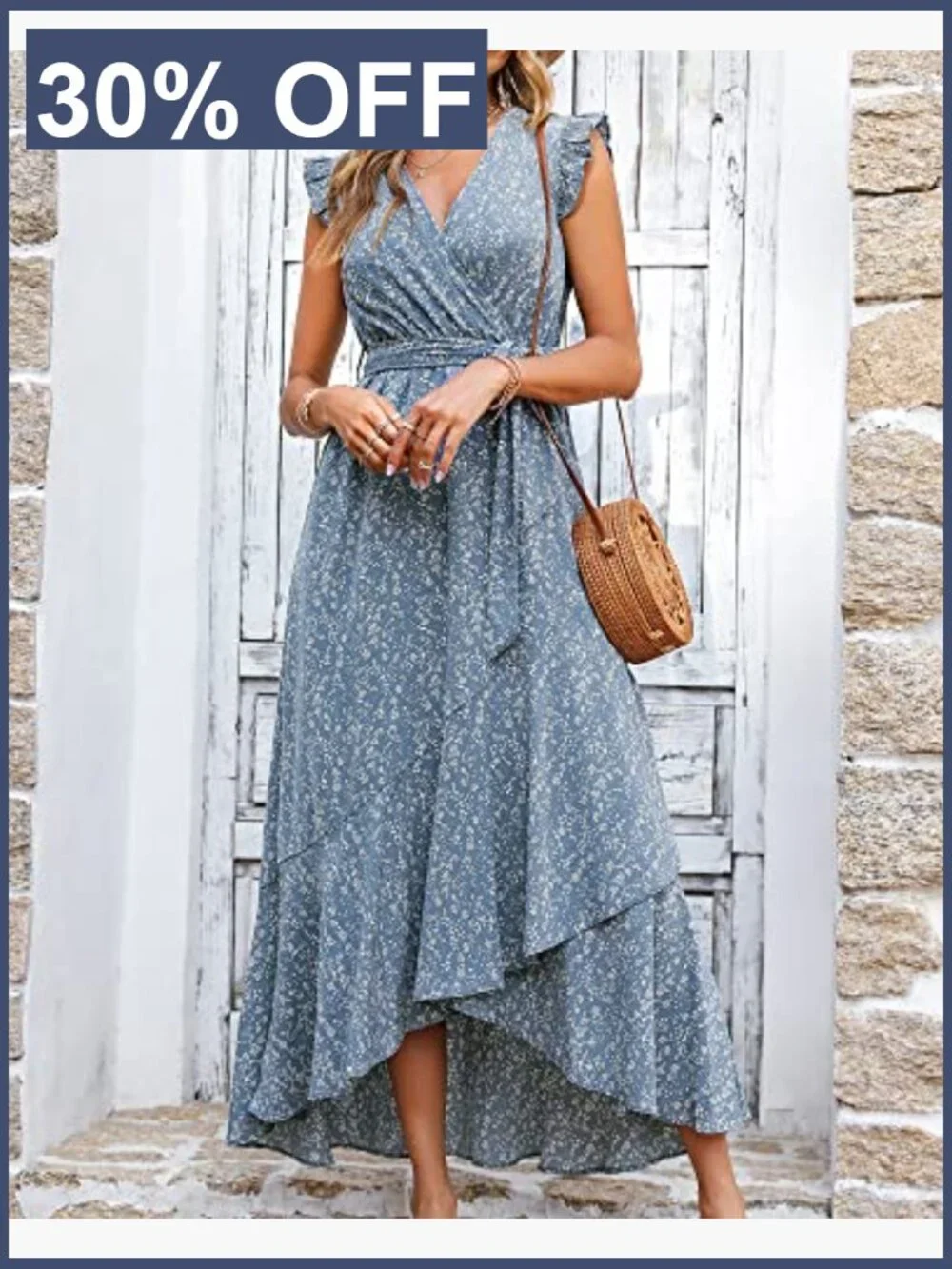 Boho Wrap Maxi Dress with Ruffle Sleeves and Self Tie Belt - Picture 6 of 7